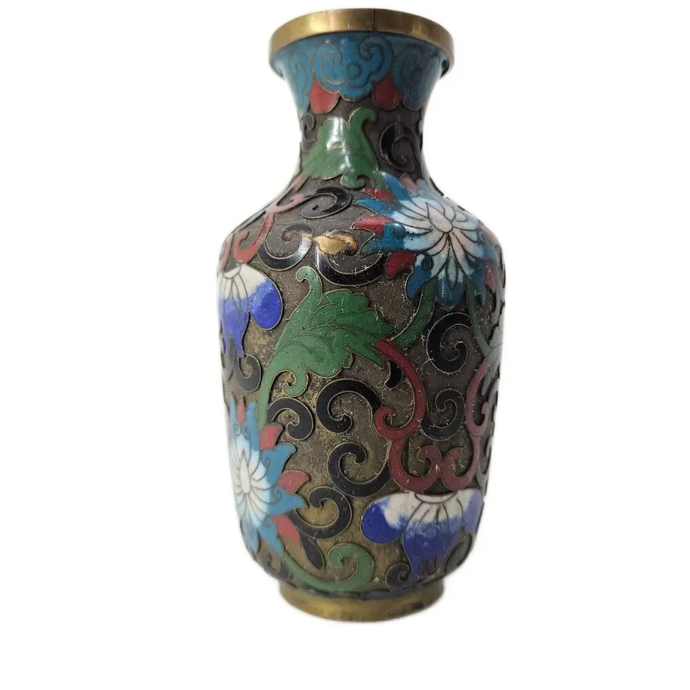 Vintage Chinese Cloisonné Miniature Vase Floral Enamel Bronze Art Small